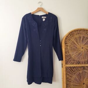 Vintage Fashion Bug Navy Blue Embroidered Dress 16p
